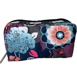 LeSportsac Small Cosmetic Makeup Bag Floral Print Zip Pouch Navy 6” x 3.5” x 2"